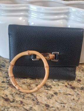 Saks Fifth Avenue Black Leather Women's Wallet with Bamboo Accent And Bangle